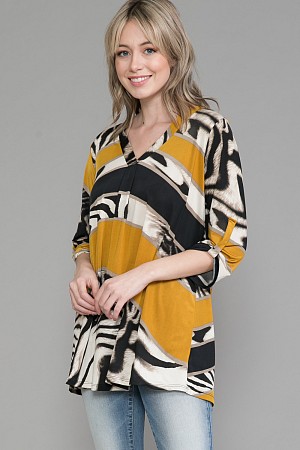  V-Neck Blouse w/ Rolled Sleev ...